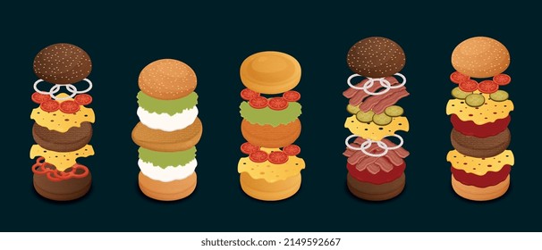 Set of ingredients for burgers and sandwiches. Fast food or snacks with buns, meat, vegetables and cheese. Designs for cafe menus. Cartoon isometric vector collection isolated on black background