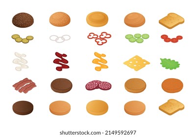 Set of ingredients for burgers and sandwiches. Stickers with buns, vegetables, meat, bacon and sauces. Design for fast food menus. Cartoon isometric vector collection isolated on white background