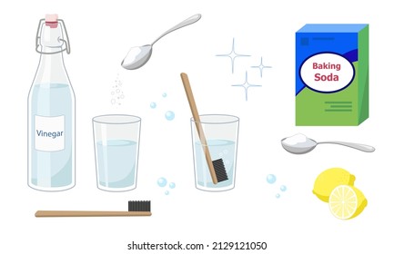 Set of ingredients for cleaning the toothbrush.  White vinegar and bicarbonate of soda (baking soda), spoon, lemon, bamboo toothbrush vector illustration isolated on white background. - Shutterstock ID 2129121050