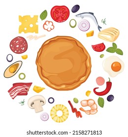 Set of ingredients for collecting pizza, dough, meat and vegetables. Juicy italian pizza constructor circle composition. Vector