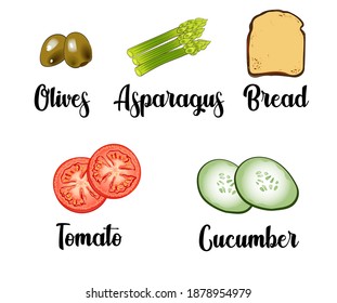Set of ingredients consisting of asparagus, toast, tomatoes, cucumbers and olives. Food vector illustration.	