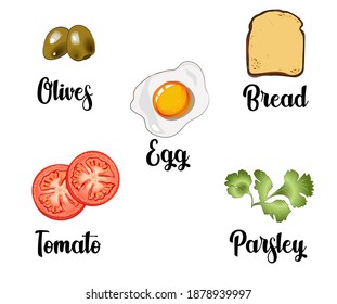 un conjunto de ingredientes compuesto por huevo revuelto, tostadas, tomates, aceitunas y perejil