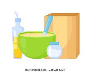 Conjunto de ingredientes para cocinar. Plato con masa y vidrio con leche casi natural. Afiche o cartel para el sitio web. Colección vectorial plana de dibujos animados aislada en fondo blanco