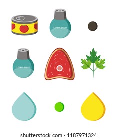 Set of ingredients for cooking in flat style isolated on white background. Water, oil, meat, tomato paste, parsley, black pepper, green pea, salt and sugar web icons. Infographic elements.