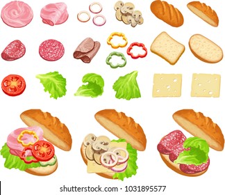 Set of ingredients to create sandwiches. Fast food menu