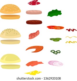 A set of ingredients for a hamburger: buns, meats, vegetables, sauces. Illustration for children. Menu design, cafe, food club, fast food.