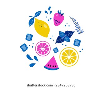 Set of ingredients lemon, ice, mint  , watermelon, strawberry for  bubble tea or lemonade, smoothie or summer refreshment and drink. Vector illustration.