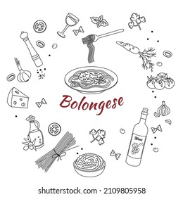 A set of ingredients for making Pasta Bolognese with spaghetti. Doodle style. Vector graphics.