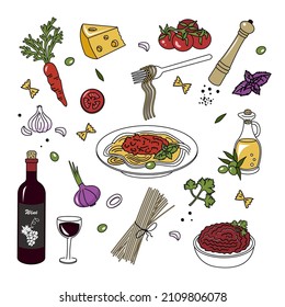Un conjunto de ingredientes para hacer boloñesa de pasta con espagueti. Estilo Doodle. Gráficos vectoriales.