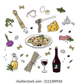 A set of ingredients for making pasta Carbonara with spaghetti. Doodle style. Vector graphics.
