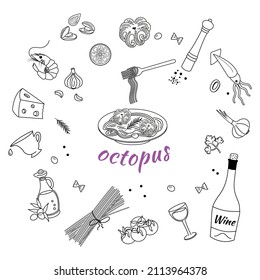A set of ingredients for making Pasta with octopus. Doodle style. Vector graphics.
