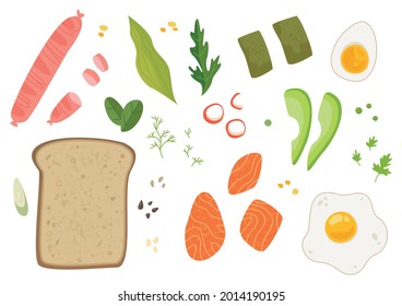 Un conjunto de ingredientes para hacer un sándwich. Tostadas y comida para la receta del desayuno. Salmón, sándwich, aguacate, huevo y otros ingredientes. Aislamiento de ilustración vectorial en blanco.