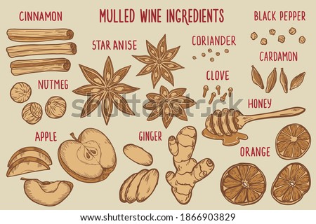 A set with ingredients for mulled wine (cinnamon, nutmeg, orange, cardamom, coriander, black pepper, apple, star anise, cloves, honey, ginger)