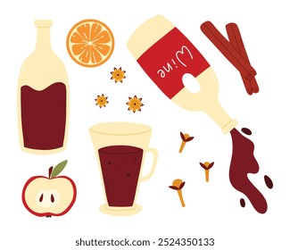 A set of ingredients for mulled wine. Collection for preparing hot grog. Vector illustration in flat style. Autumn winter hot drink.