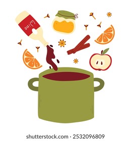 A set of ingredients for mulled wine. Collection for preparing hot grog. Vector illustration in flat style. Autumn winter hot drink.