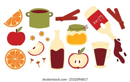 A set of ingredients for mulled wine. Collection for preparing hot grog. Vector illustration in flat style. Autumn winter hot drink.