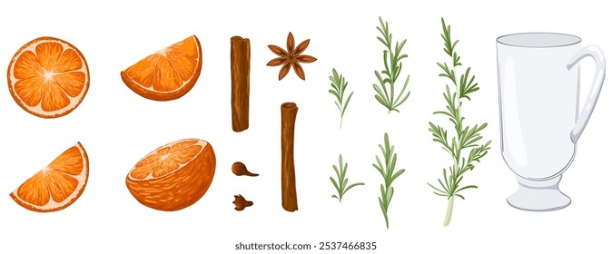 Set of ingredients for mulled wine. Orange, clove, rosemary, cinnamon sticks, star anise, empty glass. Hand drawn elements for Christmas, winter design, menu. Vector illustration.
