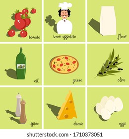 Set of ingredients for pizza and cook, pizza, eggs, oil, flour, spices, oliven, cheese, tomatoes. Vector painting art