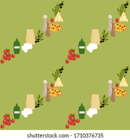Set of ingredients for pizza, pizza, eggs, oil, flour, spices, olive, cheese, tomatoes. Vector painting art