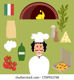 Set of ingredients for pizza and italian cook, pizza, eggs, oil, flour, spices, oven, cheese, tomatoes. Vector painting art