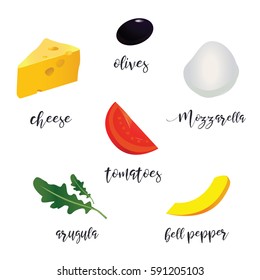Set ingredients for pizza. Make your pizza. Products for the menus and banners pizzerias, cafes, and other design projects. Isolated on white.