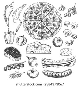 Conjunto de ingredientes para la pizza. Pizza tipo boceto, queso, tomate, setas, cebolla, paprika, carne, filete, salchicha, tocino, oliva. Alimentos de estilo grabado. Ilustración en blanco y negro para menú, receta