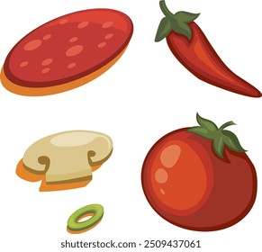 A set of ingredients for pizza, tomato, olives, basil, mushrooms, cheese, pepper. Eps 10