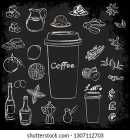 A set of ingredients for preparation of coffee recipes. Vector illustration for menu boards. Imitation of chalk.