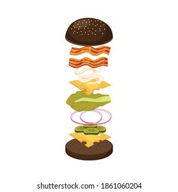 Set of ingredients for prepare burger or hamburger with cheese and vegetables. Scheme of burger layers and toppings flat vector illustration isolated on white background.