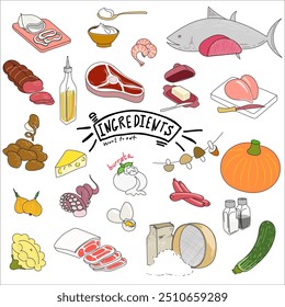 A set of ingredients for preparing various dishes from the main menu. Perfect for kindergarten or primary school. Vector illustration