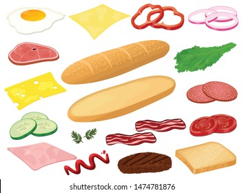 Set of ingredients for sandwich or burger on white background. Sliced veggies,egg, beef, ham,cheese and sauce on white,vector illustration