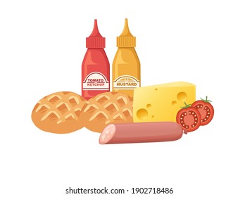 Set of ingredients for sandwich flat vector illustration on white background