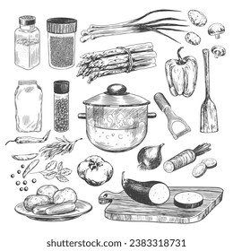 Set of ingredients for soup. Sketch style boiling pot, vegetables, asparagus, potatoes, mushrooms, peas, eggplant, onions, carrots, spices, paprika. Сutting board, vegetable peeler, spatula. Cookware