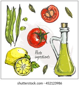 Set of ingredients and spices. Hand drawn color vector illustration