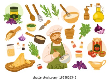 Set of ingredients, spices, seasonings, herbs for making homemade sauces. Simple icons for recipe. Onion, garlic, tomato, parmesan, basil, olive oil, cream, pine nuts. Hand-drawn vector illustrations.