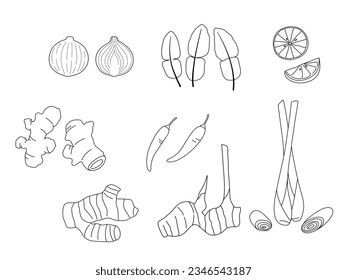 Conjunto de ingredientes en la sopa de Tom Yum, comida asiática. Vector de contorno dibujado a mano.	
