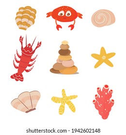 set of inhabitants of the seabed. Isolated starfish, crab, lobster, seashells, stones on abel background. Vector illustration, cartoon flat style