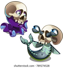 A set of inhabitants of the seas hidden in the human skulls isolated on a white background. Cartoon vector close-up illustration.