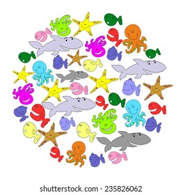 set of inhabitants of the underwater world in a children's style.