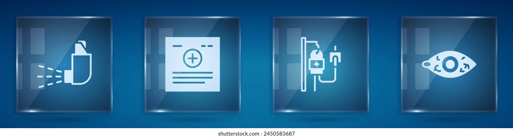 Set Inhalador, ficha clínica, bolsa IV y ojo rojizo. Paneles de vidrio cuadrado. Vector