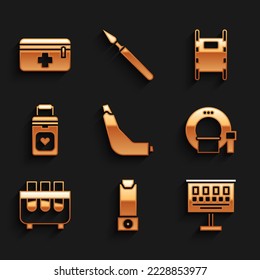 Set Inhaler, Eye test chart, Tomography, Test tube and flask, Organ container, Stretcher and First aid kit icon. Vector