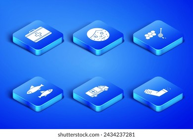 Set Inhaler, First aid kit, Emergency car, Fish, Face with psoriasis or eczema and Honeycomb honey dipper icon. Vector