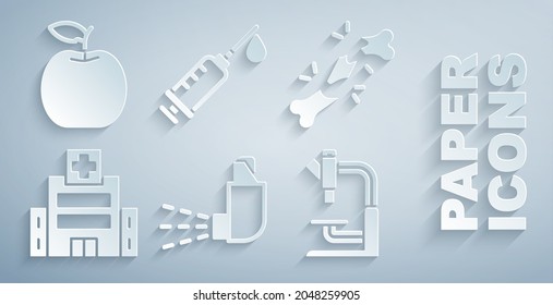 Set Inhaler, Human broken bone, Medical hospital building, Microscope, Syringe and Apple icon. Vector