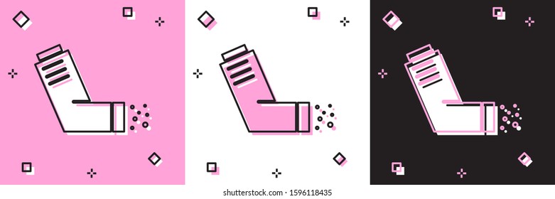 Set Inhaler icon isolated on pink and white, black background. Breather for cough relief, inhalation, allergic patient. Medical allergy asthma inhaler spray.  Vector Illustration