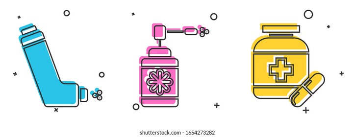 Set Inhaler, Medical bottle with nozzle spray and Medicine bottle and pills icon. Vector