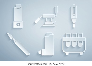 Set Inhaler, Medical digital thermometer, surgery scalpel, Test tube and flask, dental chair and  icon. Vector