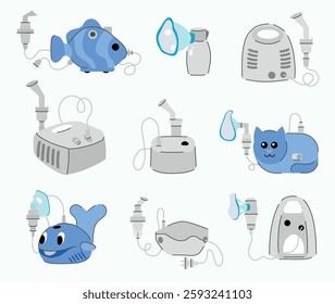 Set of inhaler, nebulizer. White background, isolate. 
