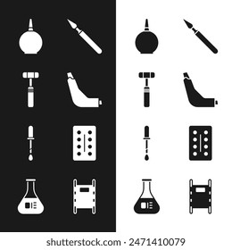 Set Inhaler, Neurology reflex hammer, Enema, Medical surgery scalpel, Pipette, Pills in blister pack, Stretcher and Test tube and flask icon. Vector