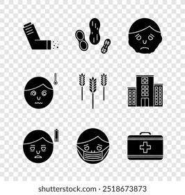 Set Inhaler, Peanut, Inflammation on face, Fatigue, Face in protective mask, First aid kit, High human body temperature and Wheat icon. Vector