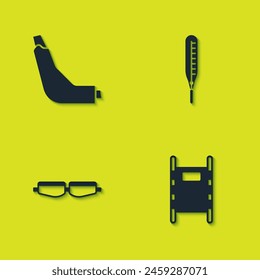 Set Inhaler, Stretcher, Safety goggle glasses and Medical thermometer icon. Vector